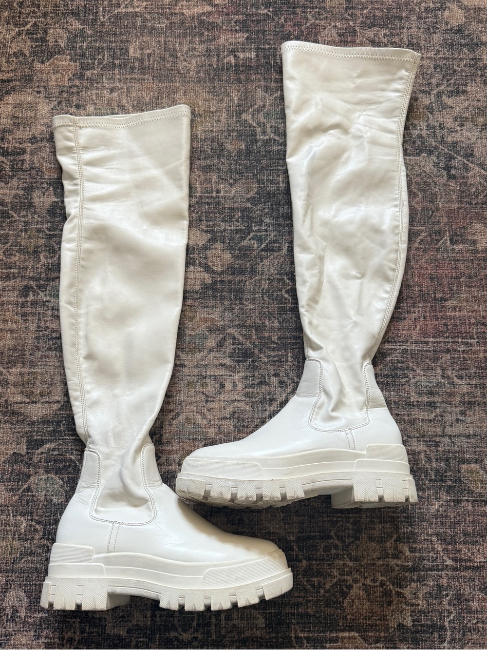 Women's White Pu Leather Over-The-Knee-High Boots With Platform Thick-Sole Sz 6